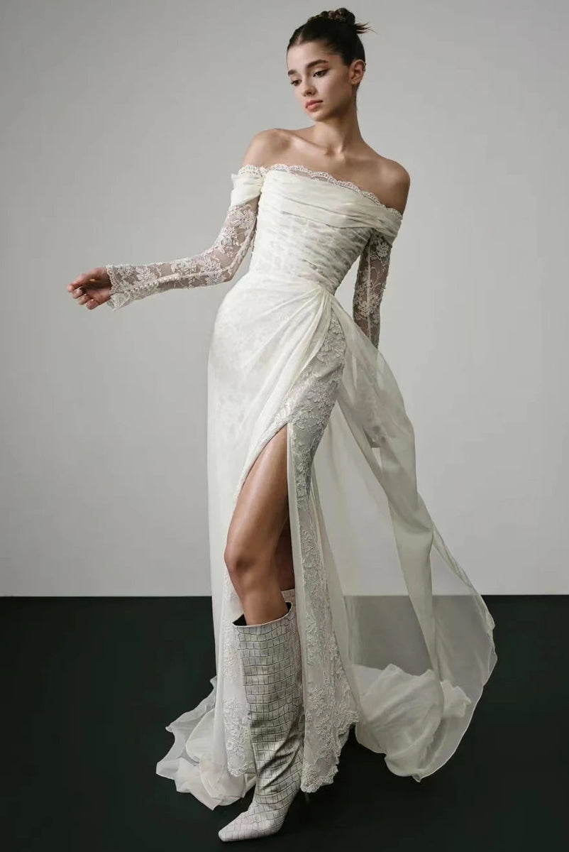 Robe De Mariée Boho En Mousseline Col Et Dos En V Manche Longue En Dentelle Longueur Robe De Mariée Boho En Mousseline Col Et Dos En V Manche Longue En Dentelle Longueur